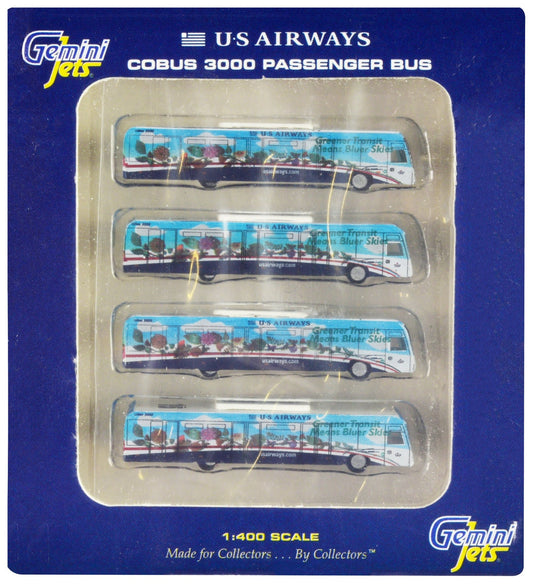 Cobus 3000 Passenger Bus White and Blue with Graphics "US Airways Shuttle Bus - Greener Transit" 4 Piece Set 1/400 Diecast Models by GeminiJets free shipping USA - Rapid Vehicles