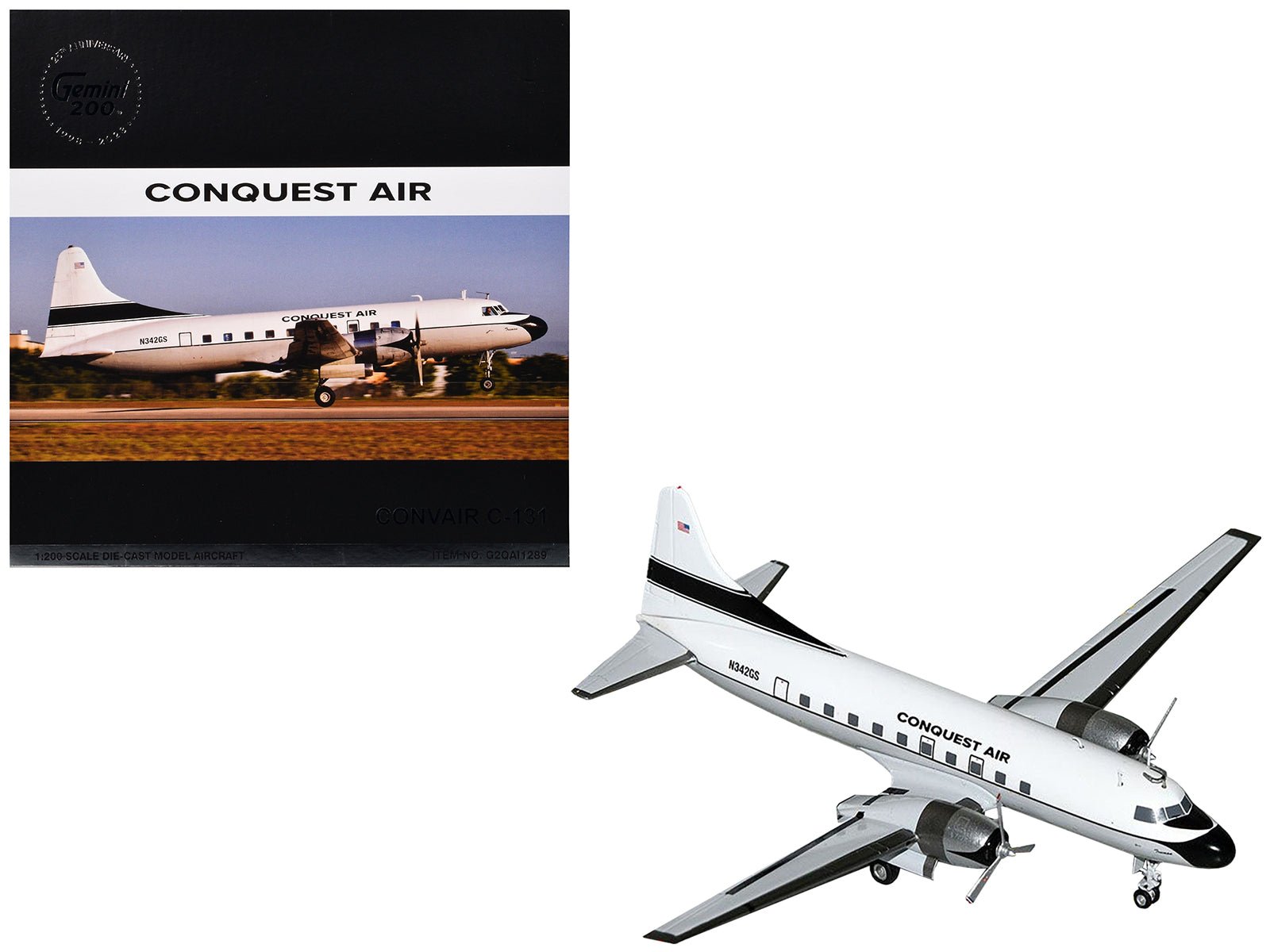 Convair C - 131 Commercial Aircraft "Conquest Air Cargo" (N342GS) White with Black Tail Stripes "Gemini 200" Series 1/200 Diecast Model Airplane by GeminiJets free shipping USA - Rapid Vehicles