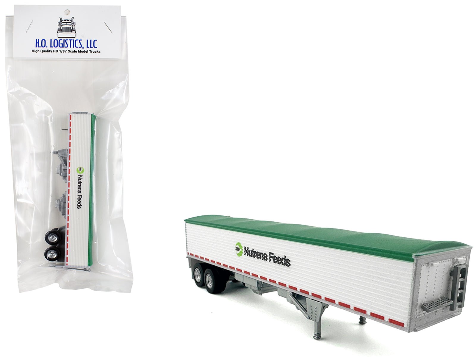 Covered Grain Trailer White with Green Tarp "Nutrena Feeds" 1/87 (HO) Plastic Model Car by HO Logistics free shipping USA - Rapid Vehicles