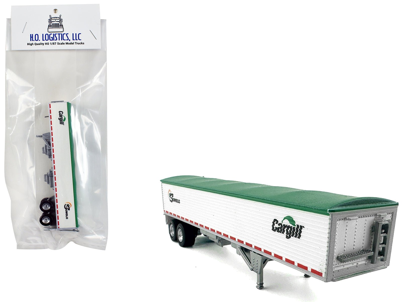 Covered Grain Trailer White with Green Tarp "SunGlo - Cargill" 1/87 (HO) Plastic Model Car by HO Logistics free shipping USA - Rapid Vehicles