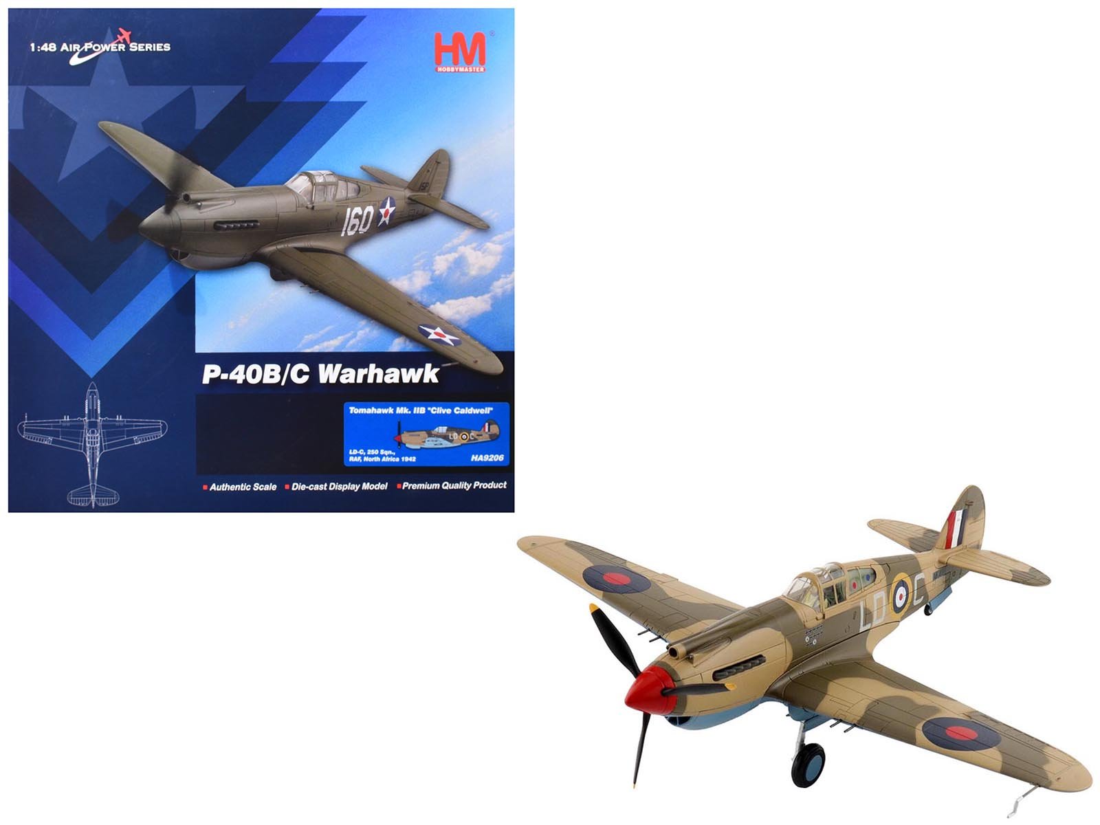 Curtiss P-40 Warhawk Tomahawk Mk IIB Aircraft "LD-C Clive Caldwell No. 250 Squadron North Africa" (1942) British Royal Air Force "Air Power Series" 1/48 Diecast Model by Hobby Master free shipping USA - Rapid Vehicles