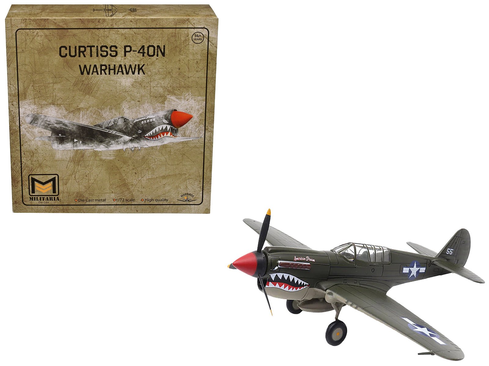 Curtiss P - 40N Warhawk Fighter Aircraft "American Dream National Warplane Museum" United States Army Air Forces 1/72 Diecast Model by Militaria Die Cast free shipping USA - Rapid Vehicles