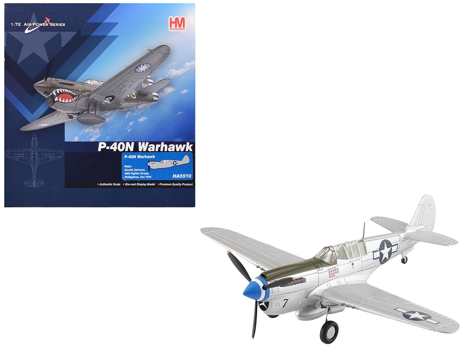 Curtiss P - 40N Warhawk Fighter - Bomber Aircraft "Major Gerald Johnson 49th Fighter Group Philippines" (1944) United States Army Air Forces "Air Power Series" 1/72 Diecast Model by Hobby Master free shipping USA - Rapid Vehicles