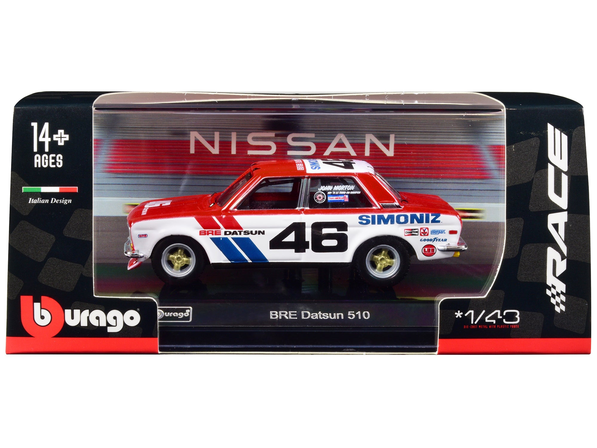 Datsun 510 46 John Morton Red and White "BRE (Brock Racing Enterprises)" "Race" Series 1/43 Diecast Model Car by Bburago free shipping USA - Rapid Vehicles