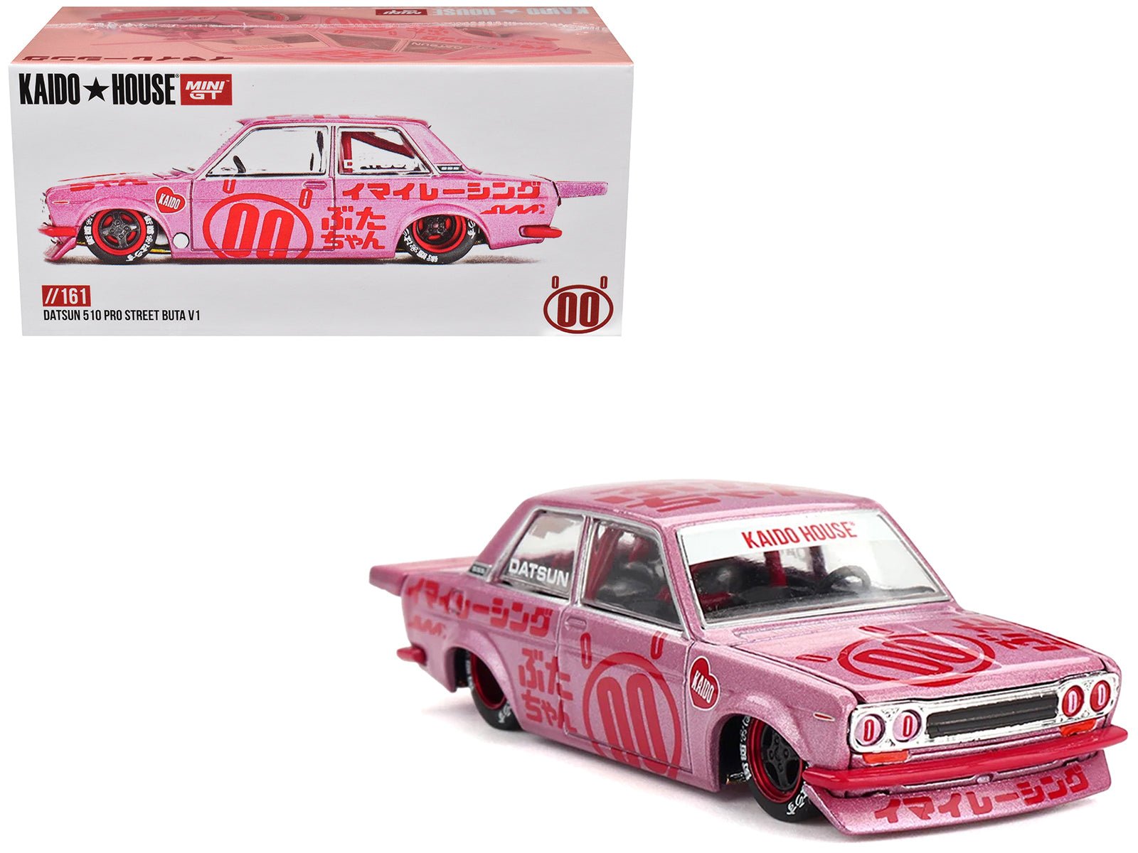 Datsun 510 Pro Street 00 "Buta V1" Pink Metallic with Red Graphics (Designed by Jun Imai) "Kaido House" Special 1/64 Diecast Model Car by Mini GT free shipping USA - Rapid Vehicles