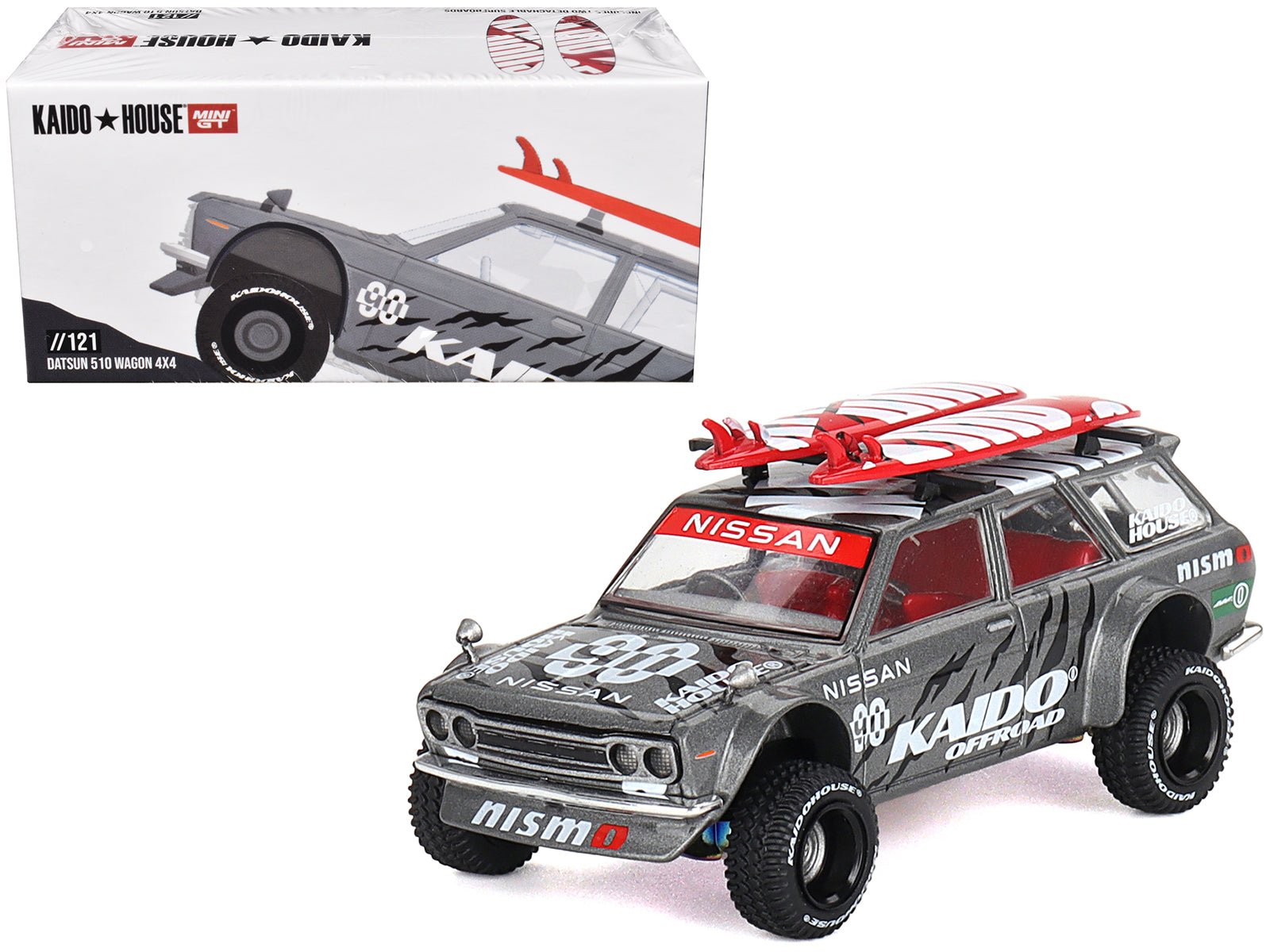 Datsun Kaido 510 Wagon 4x4 RHD (Right Hand Drive) "Kaido Offroad V1" Gray Metallic with Red Interior and Surfboards on Roof (Designed by Jun Imai) "Kaido House" Special 1/64 Diecast Model Car by Mini GT free shipping USA - Rapid Vehicles