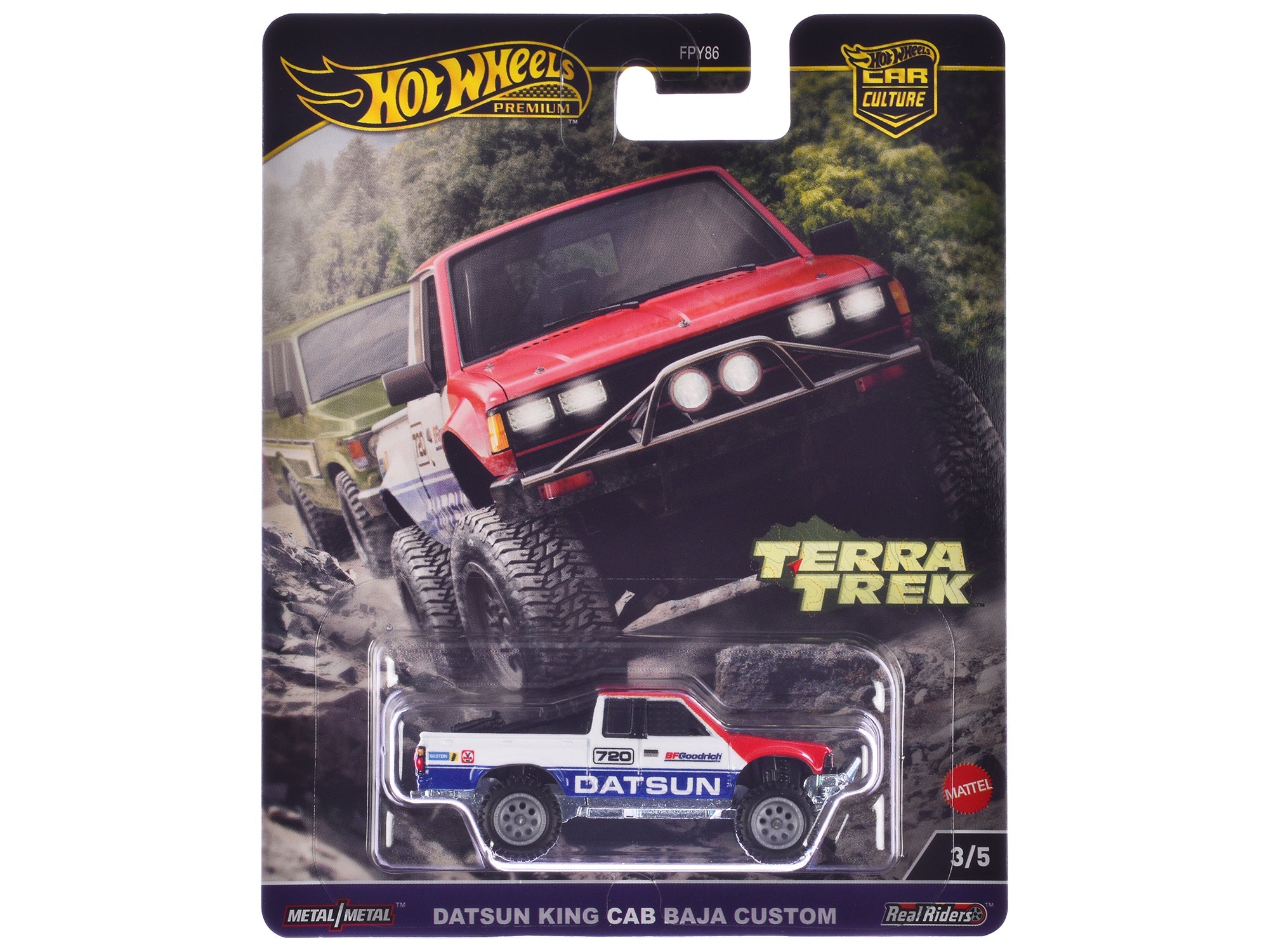 Datsun King Cab Baja Custom Pickup Truck 720 White and Blue with Red Hood "Terra Trek" Series Diecast Model Car by Hot Wheels free shipping USA - Rapid Vehicles