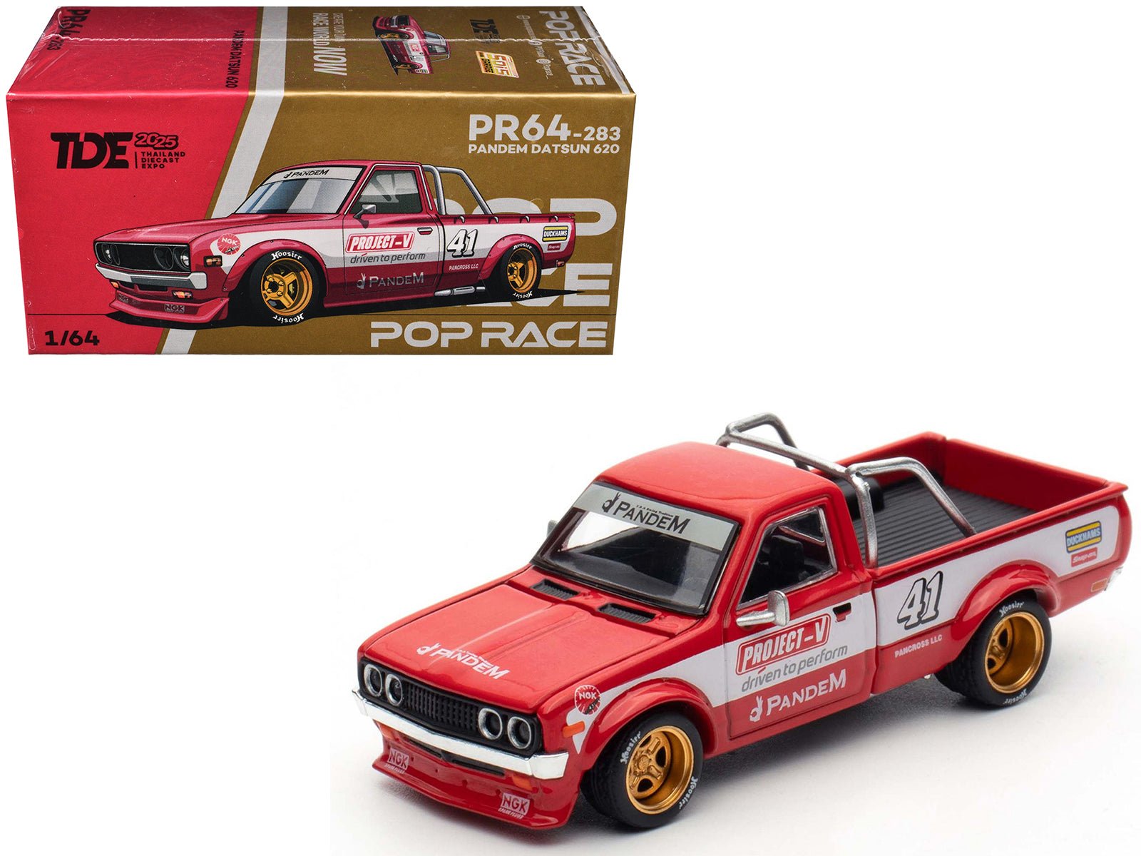 Datsun Pandem 620 Pickup Truck 41 Red Metallic with White Stripes and Graphics "2025 Thailand Diecast Expo" 1/64 Diecast Model Car by Pop Race free shipping USA - Rapid Vehicles