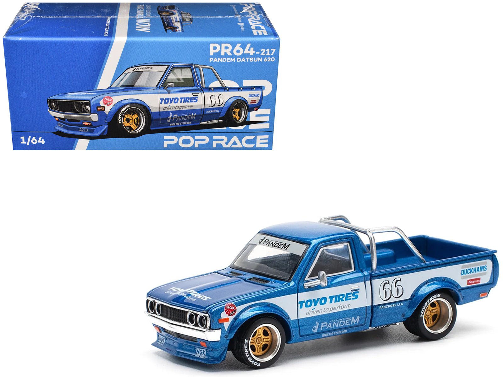 Datsun Pandem 620 Pickup Truck 66 Blue Metallic with White Stripes and Graphics 1/64 Diecast Model Car by Pop Race free shipping USA - Rapid Vehicles