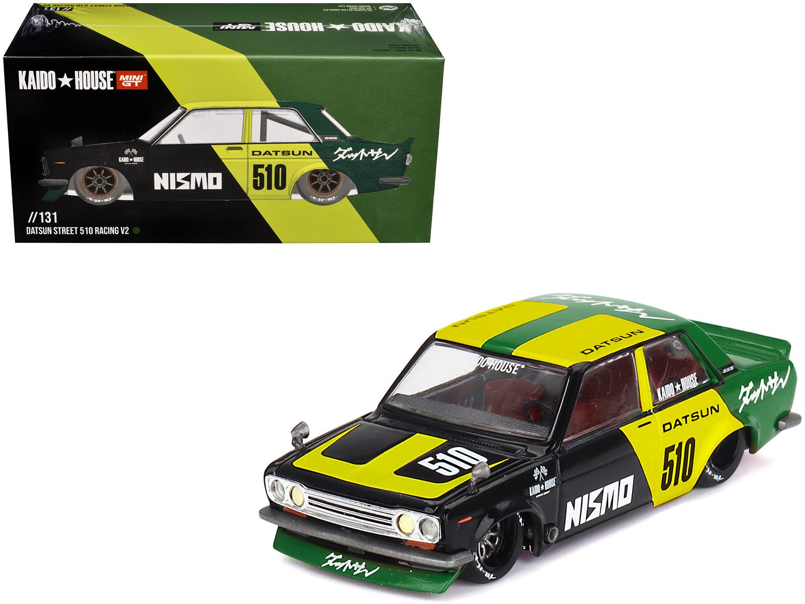 Datsun Street 510 "Racing V2" Black and Green with Yellow Accents (Designed by Jun Imai) "Kaido House" Special 1/64 Diecast Model Car by Mini GT free shipping USA - Rapid Vehicles