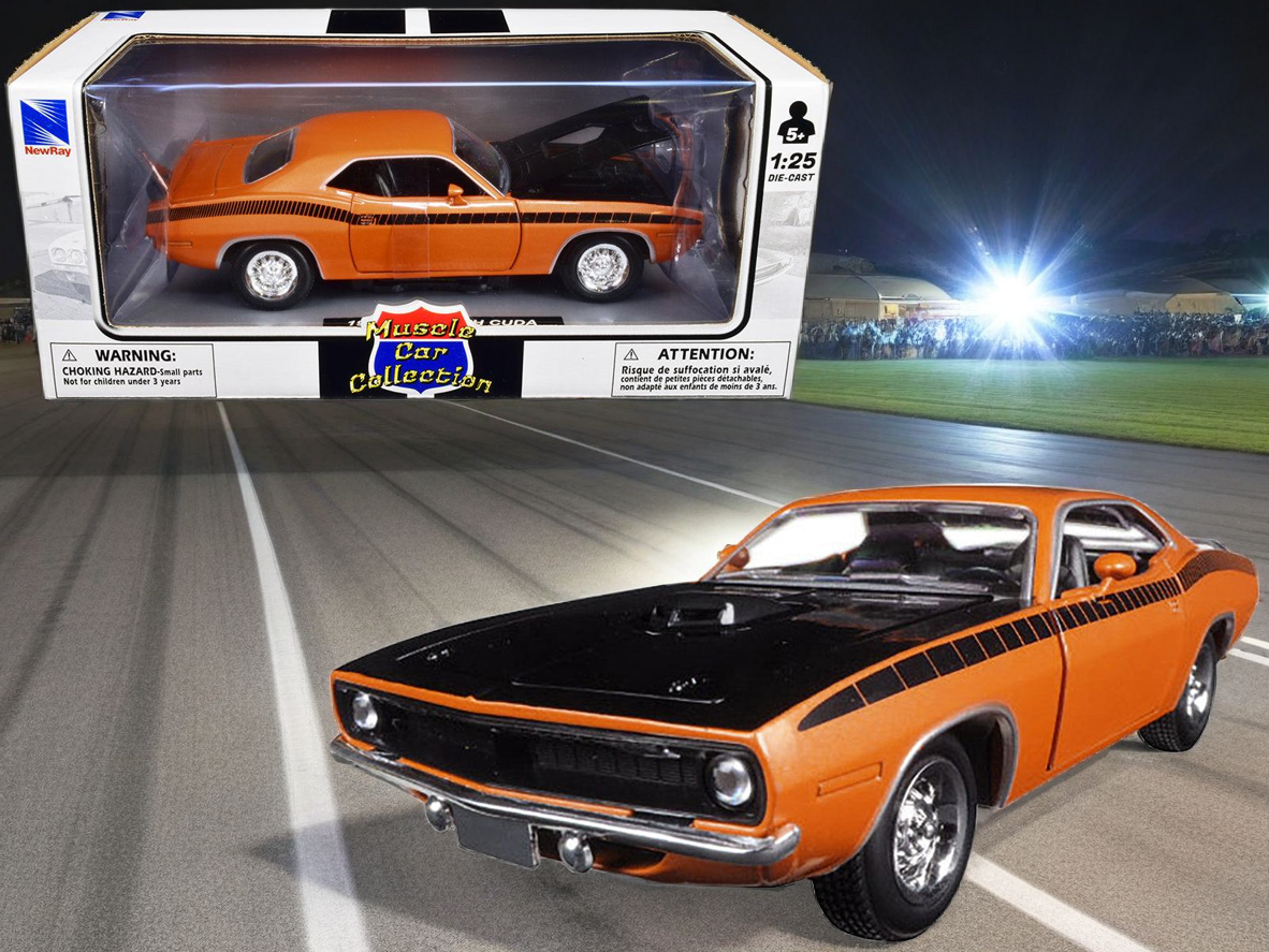 1970 Plymouth Cuda Orange with Black Hood and Stripes 1/25 Diecast Model Car by New Ray