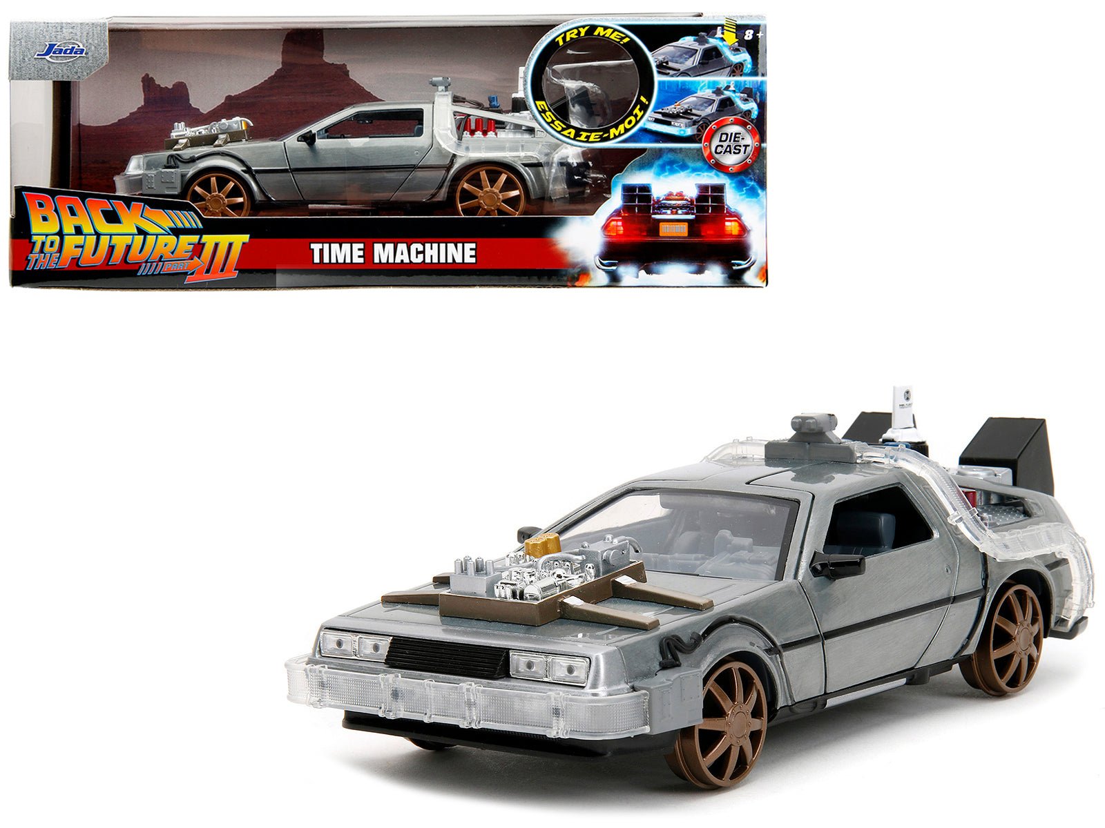 DeLorean Brushed Metal Time Machine (Train Wheel Version) with Lights "Back to the Future Part III" (1990) Movie "Hollywood Rides" Series 1/24 Diecast Model Car by Jada free shipping USA - Rapid Vehicles