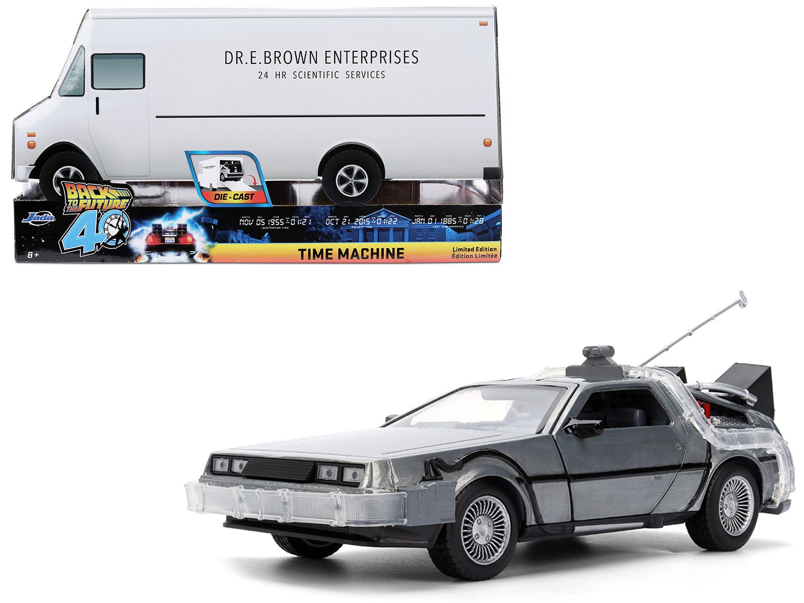 DeLorean Brushed Metal Time Machine with Lights "Back to the Future" (1985) Movie "40th Anniversary" Special Packaging "Hollywood Rides" Series 1/24 Diecast Model Car by Jada free shipping USA - Rapid Vehicles