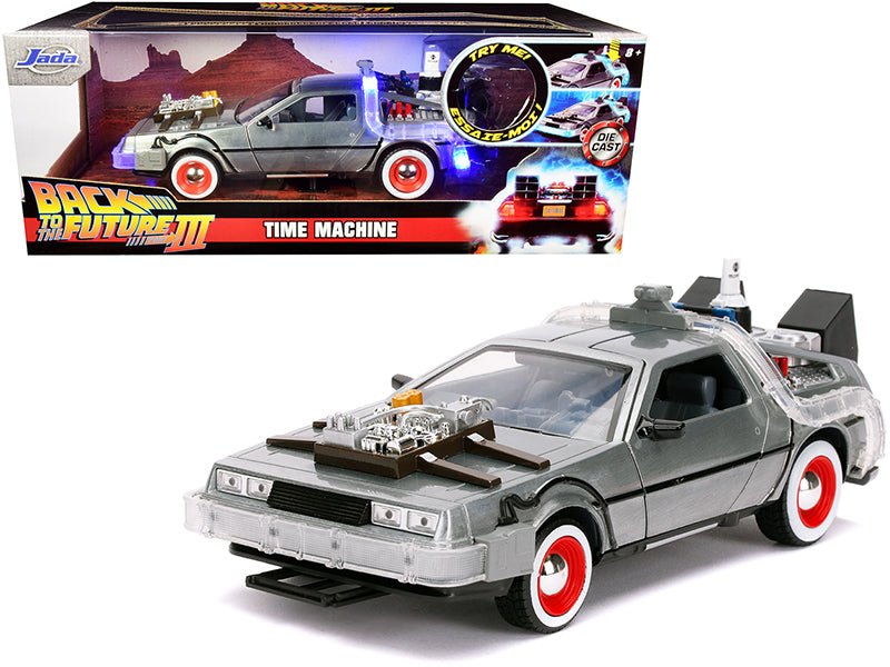 DeLorean Brushed Metal Time Machine with Lights "Back to the Future Part III" (1990) Movie "Hollywood Rides" Series 1/24 Diecast Model Car by Jada free shipping USA - Rapid Vehicles
