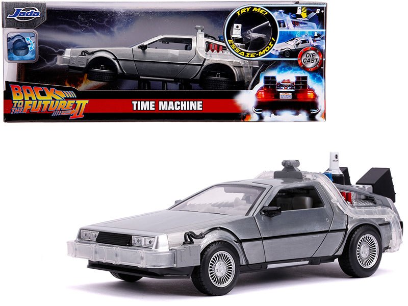 DeLorean Brushed Metal Time Machine with Lights (Flying Version) "Back to the Future Part II" (1989) Movie "Hollywood Rides" Series 1/24 Diecast Model Car by Jada free shipping USA - Rapid Vehicles