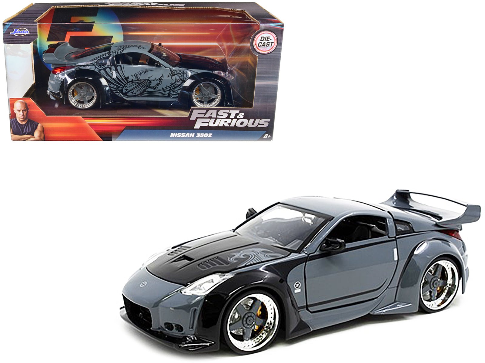 D.K.'s Nissan 350Z Gray and Black with Graphics "Fast & Furious" Movie 1/24 Diecast Model Car by Jada free shipping USA - Rapid Vehicles