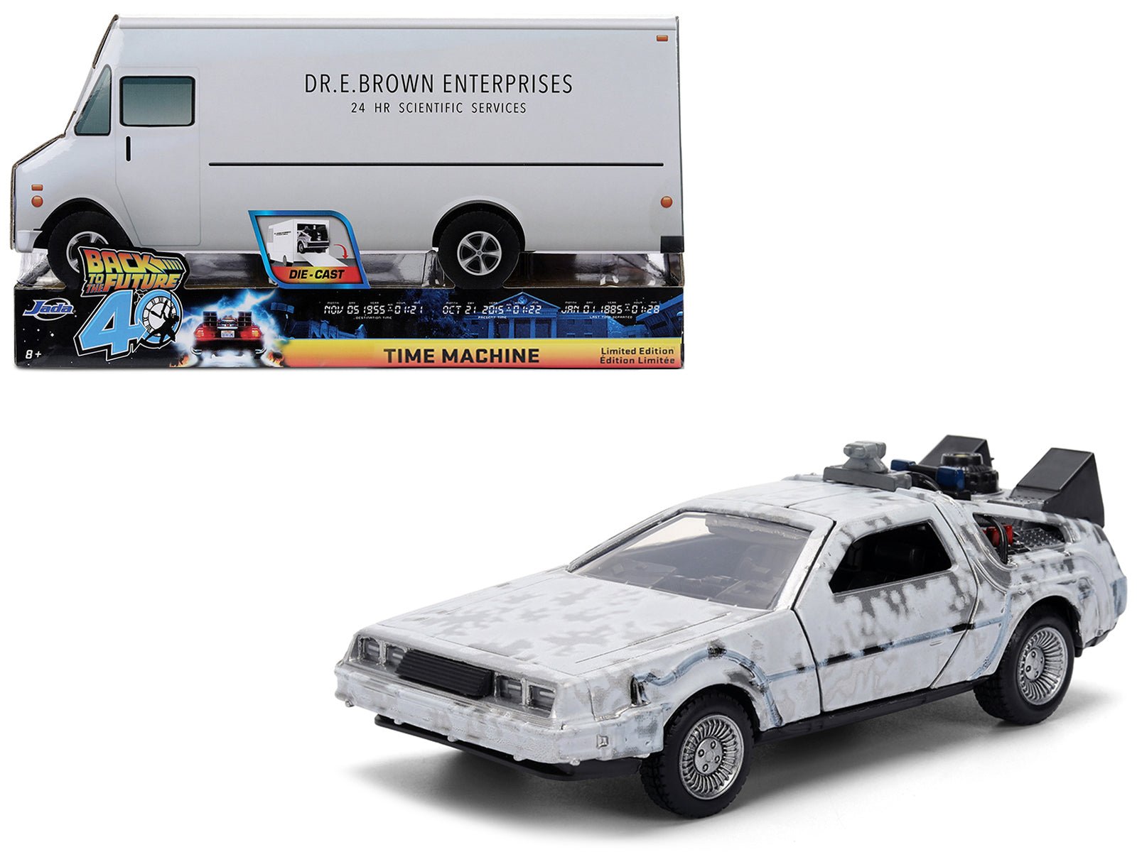 DMC DeLorean Time Machine Brushed Metal (Frost Version) "Back to the Future" (1985) Movie "40th Anniversary" Special Packaging "Hollywood Rides" Series 1/32 Diecast Model Car by Jada free shipping USA - Rapid Vehicles