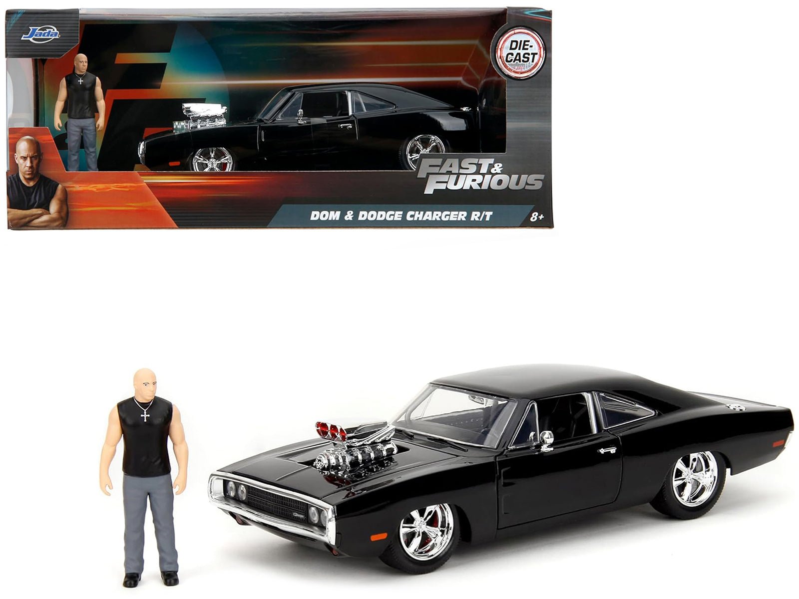 Dodge Charger R/T Black with Dom Diecast Figure "Fast & Furious" (2009) Movie "Hollywood Rides" Series 1/24 Diecast Model Car by Jada free shipping USA - Rapid Vehicles