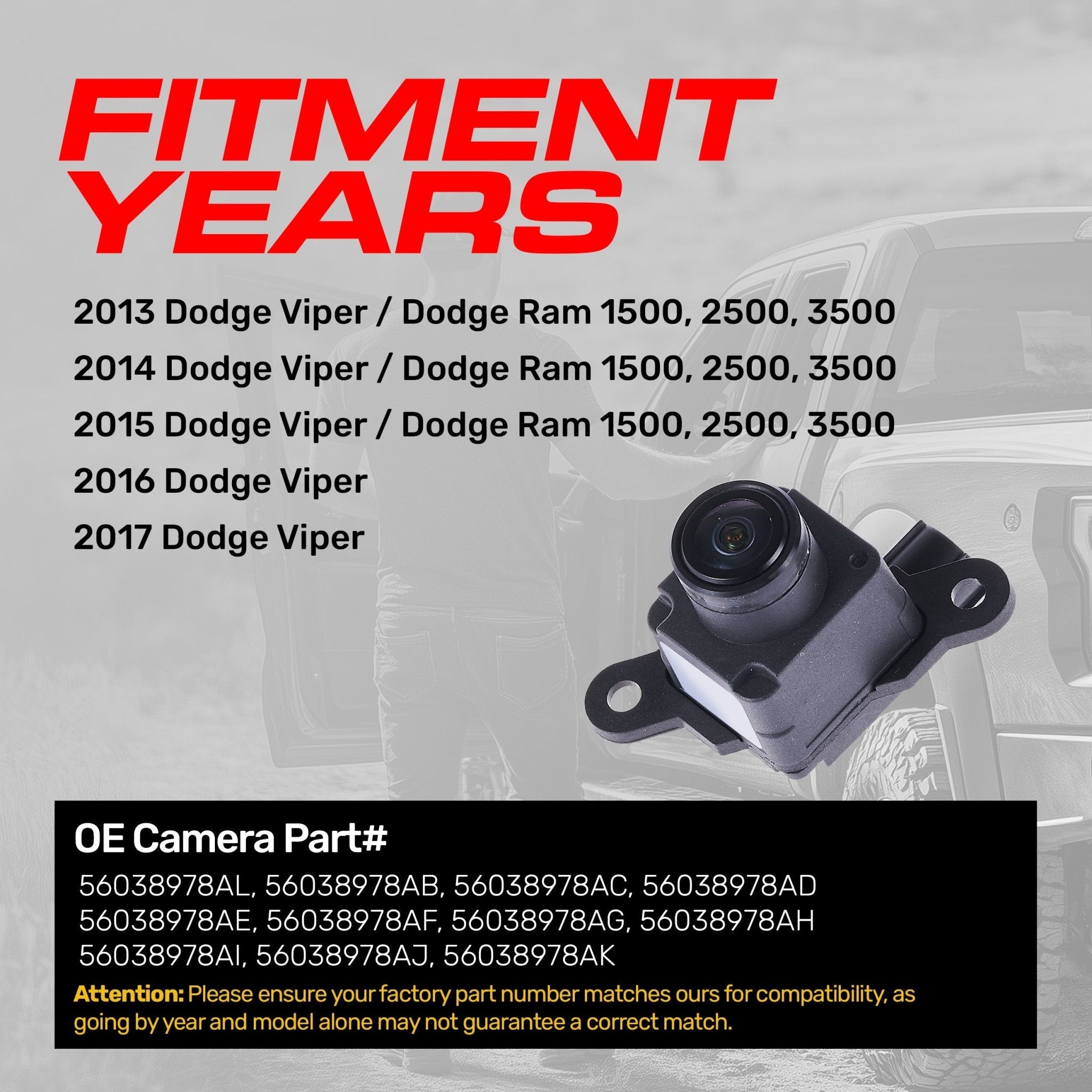 Dodge Ram (2013-2015), Viper (2013-2017) OEM Replacement Backup Camera OE Part  56038978AB, 56038978AC, 56038978AD, 56038978AE, 56038978AF, 56038978AG, 56038978AH, 56038978AI, 56038978AJ, 56038978AK, 56038978AL - Rapid Vehicles