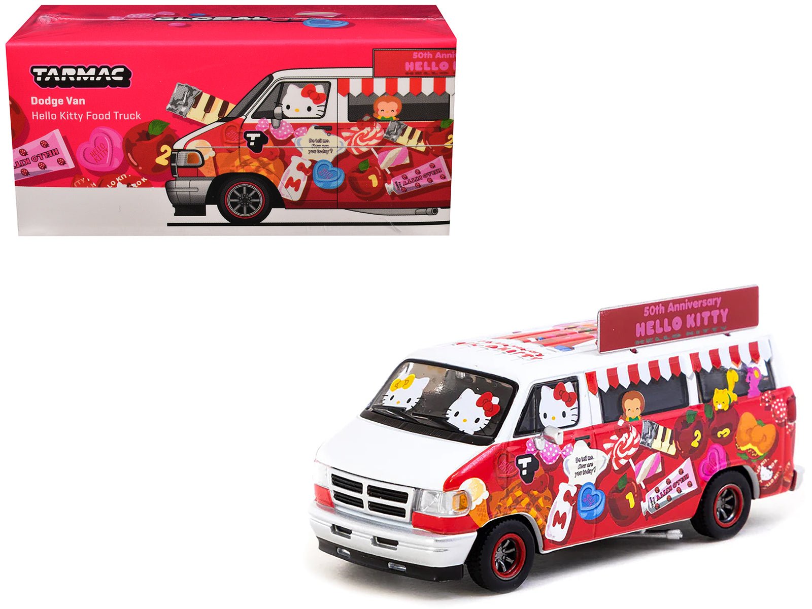 Dodge Van "Hello Kitty Food Truck" White and Red with Graphics "Global64" Series 1/64 Diecast Model by Tarmac Works free shipping USA - Rapid Vehicles