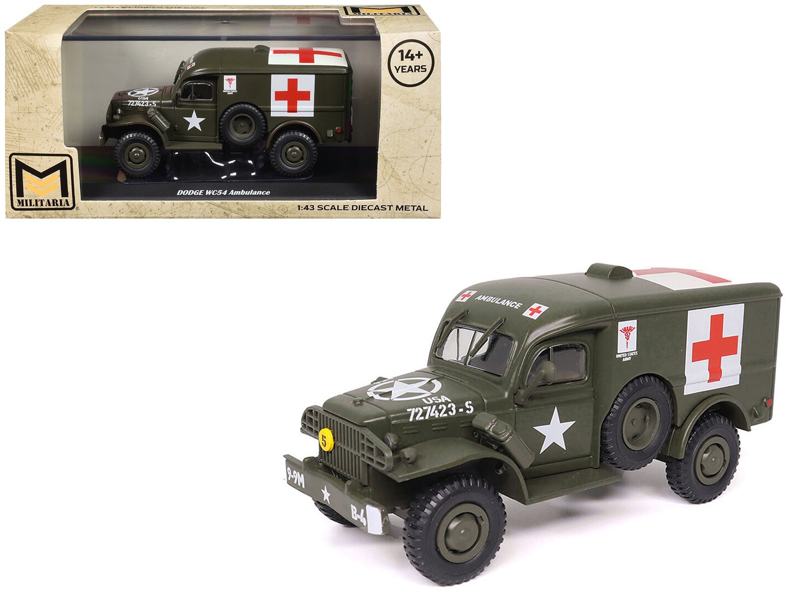 Dodge WC54 Ambulance Olive Drab "United States Army" 1/43 Diecast Model by Militaria Die Cast free shipping USA - Rapid Vehicles