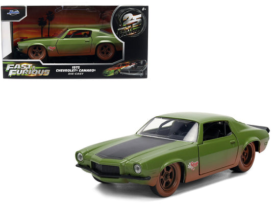 Dom's 1973 Chevrolet Camaro "F - Bomb" Matt Green (Dirty Version) with Black Hood Stripe "Fast & Furious" (2009) Movie "Fast & Furious 25 Years" Series 1/32 Diecast Model Car by Jada free shipping USA - Rapid Vehicles