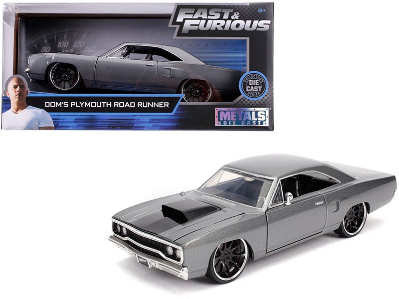 Dom's Plymouth Road Runner Gray Metallic with Black Hood Stripe "Fast & Furious" Movie 1/24 Diecast Model Car by Jada free shipping USA - Rapid Vehicles