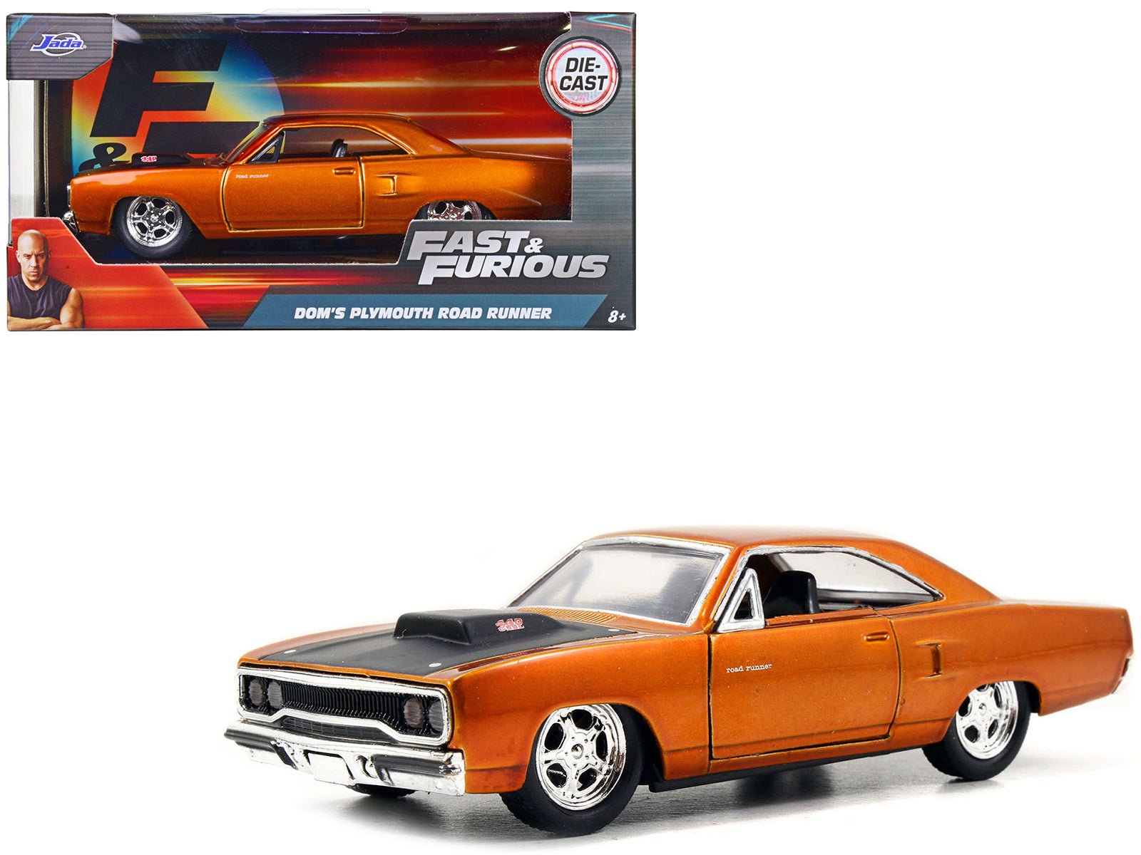Dom's Plymouth Road Runner Orange Metallic with Matt Black Hood "Fast & Furious" Series 1/32 Diecast Model Car by Jada free shipping USA - Rapid Vehicles