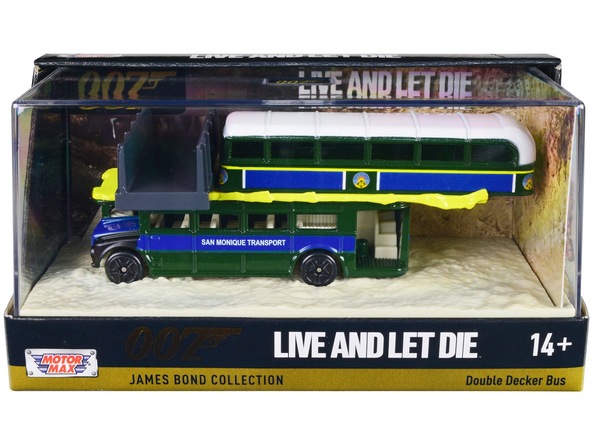 Double Decker Bus "San Monique Transport" "Hitting Bridge Scene" James Bond 007 "Live and Let Die" (1973) Movie with Display "James Bond Collection" Series Diecast Model by Motormax free shipping USA - Rapid Vehicles