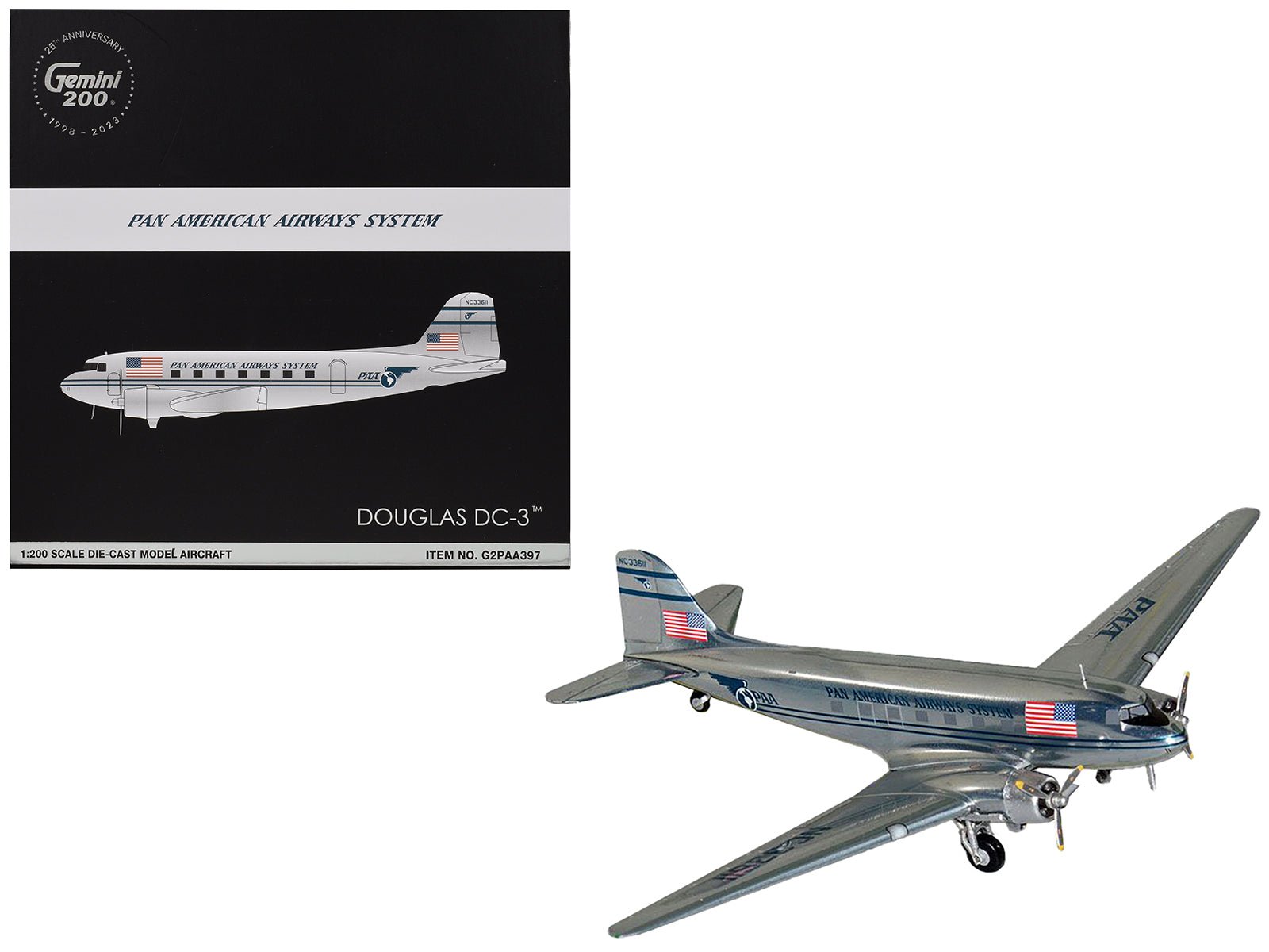 Douglas DC - 3 Commercial Aircraft "Pan American Airways" (NC33611) Polished Metal Finish "Gemini 200" Series 1/200 Diecast Model Airplane by GeminiJets free shipping USA - Rapid Vehicles