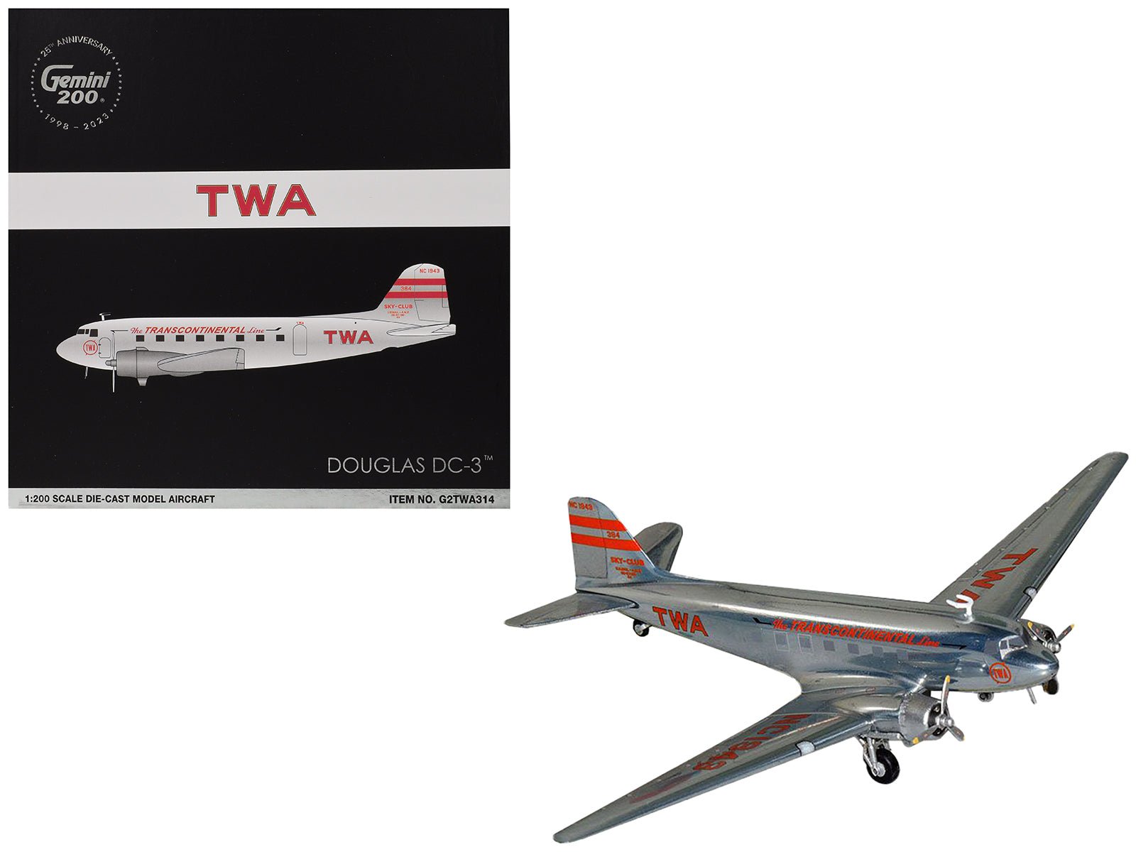 Douglas DC - 3 Commercial Aircraft "TWA (Trans World Airlines)" (NC1943) Polished Metal Finish with Red Tail Stripes "Gemini 200" Series 1/200 Diecast Model Airplane by GeminiJets free shipping USA - Rapid Vehicles