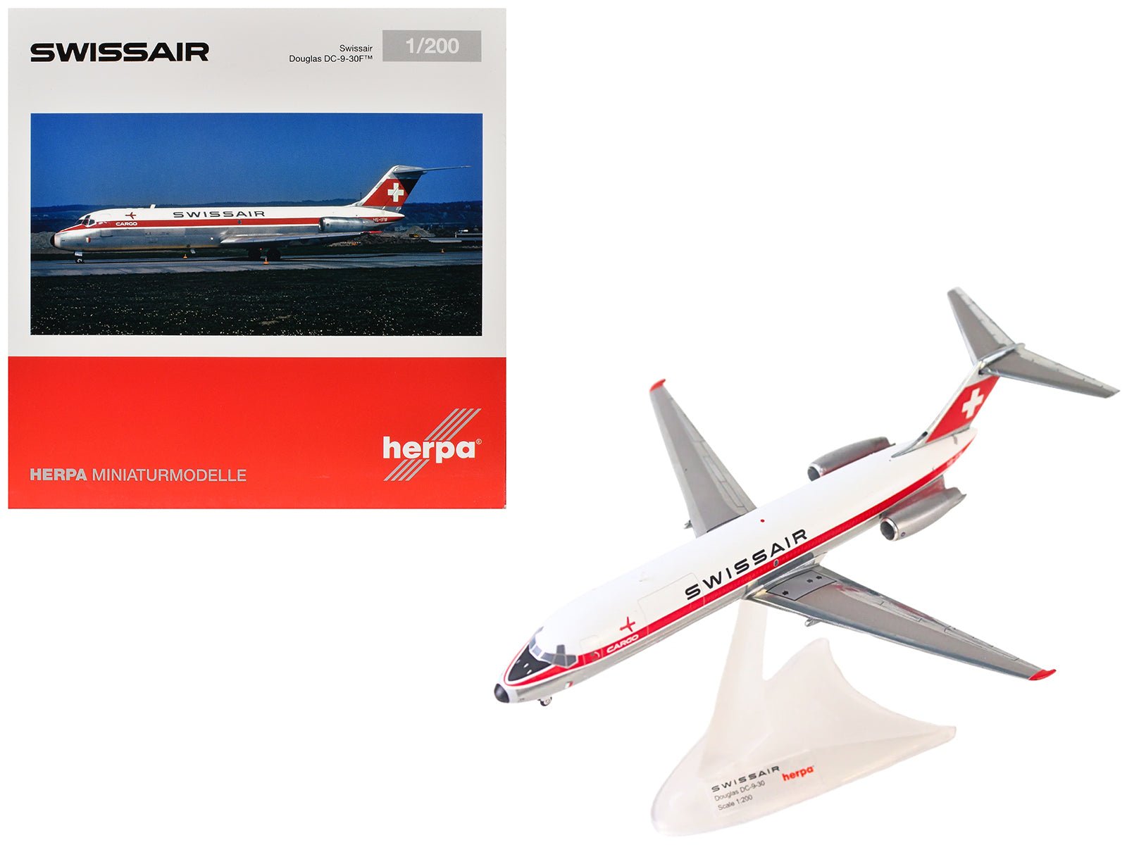 Douglas DC-9-30F Commercial Aircraft "Swissair" (HB-IFW) White with Red Stripes 1/200 Diecast Model Airplane by Herpa free shipping USA - Rapid Vehicles