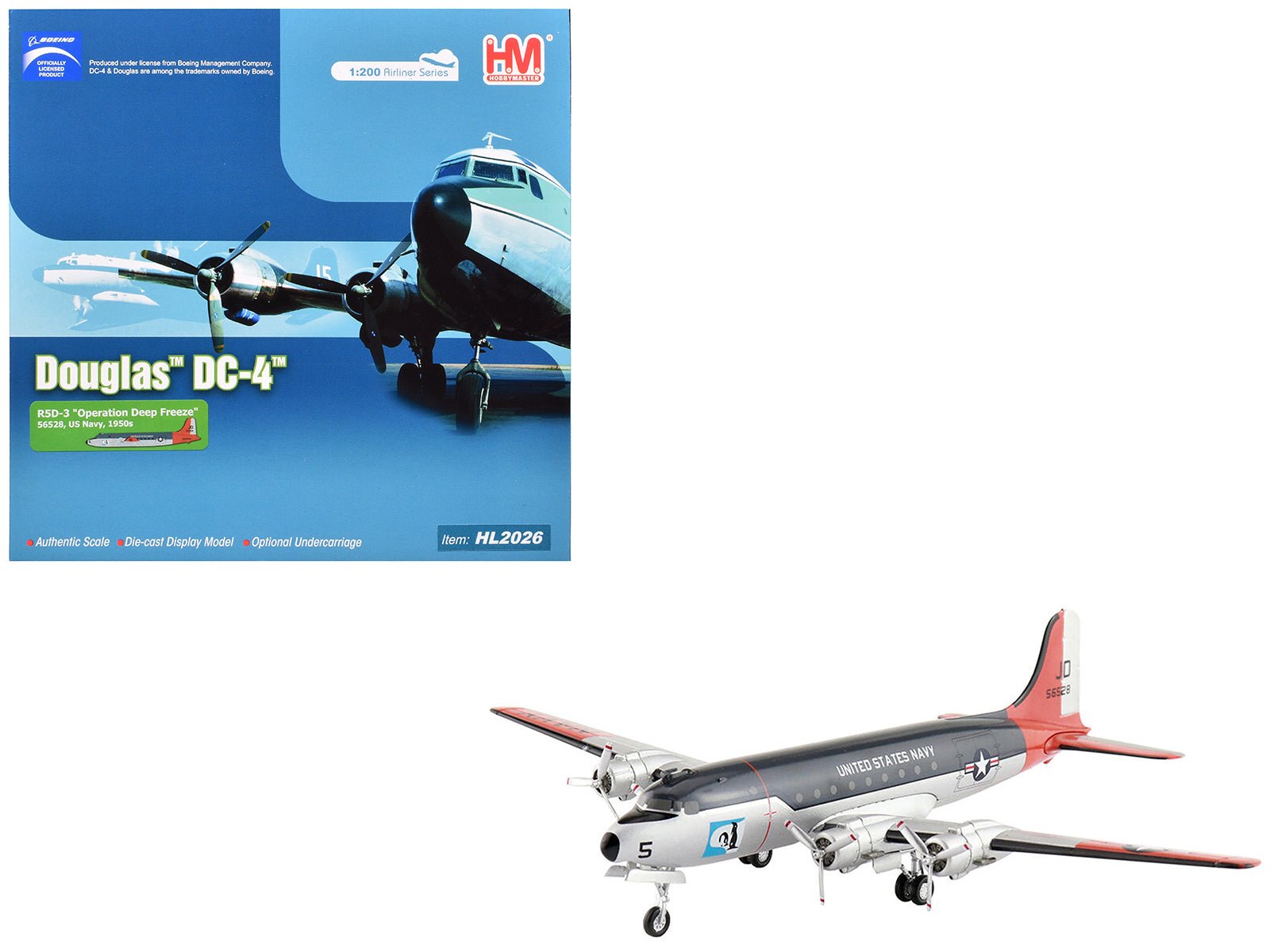 Douglas R5D - 3 Skymaster Transport Aircraft "Operation Deep Freeze" (1950s) United States Navy "Airliner Series" 1/200 Diecast Model by Hobby Master free shipping USA - Rapid Vehicles