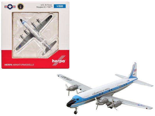 Douglas VC - 118A Transport Aircraft "United States Air Force One 1254th Air Transport Wing Andrews Air Base" (53 - 3240) White with Blue Stripes 1/500 Diecast Model Airplane by Herpa free shipping USA - Rapid Vehicles