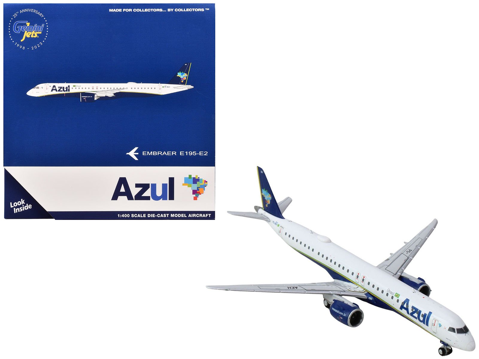 Embraer E195 - E2 Commercial Aircraft "Azul Brazilian Airlines" (PS - AEH) White with Blue Tail 1/400 Diecast Model Airplane by GeminiJets free shipping USA - Rapid Vehicles