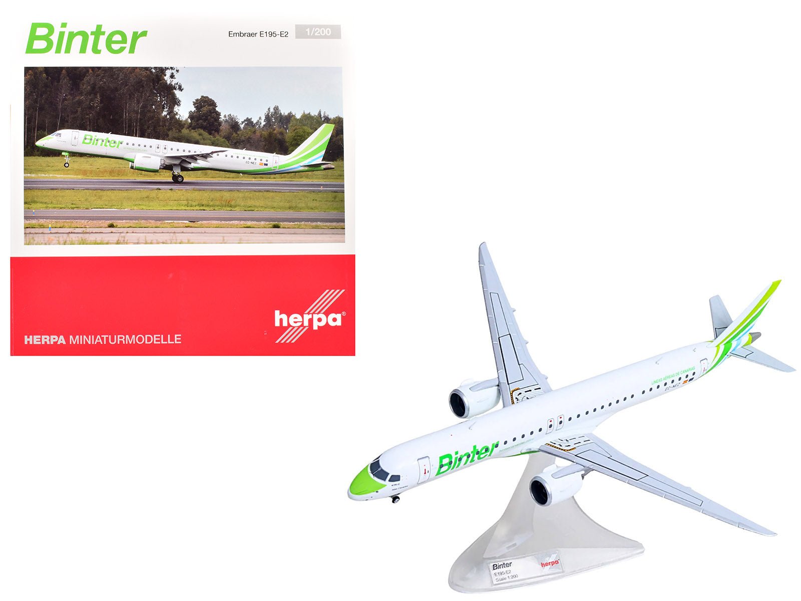 Embraer E195 - E2 Commercial Aircraft "Binter Canarias" (EC - NEZ) White with Green Striped Tail 1/200 Diecast Model by Herpa free shipping USA - Rapid Vehicles