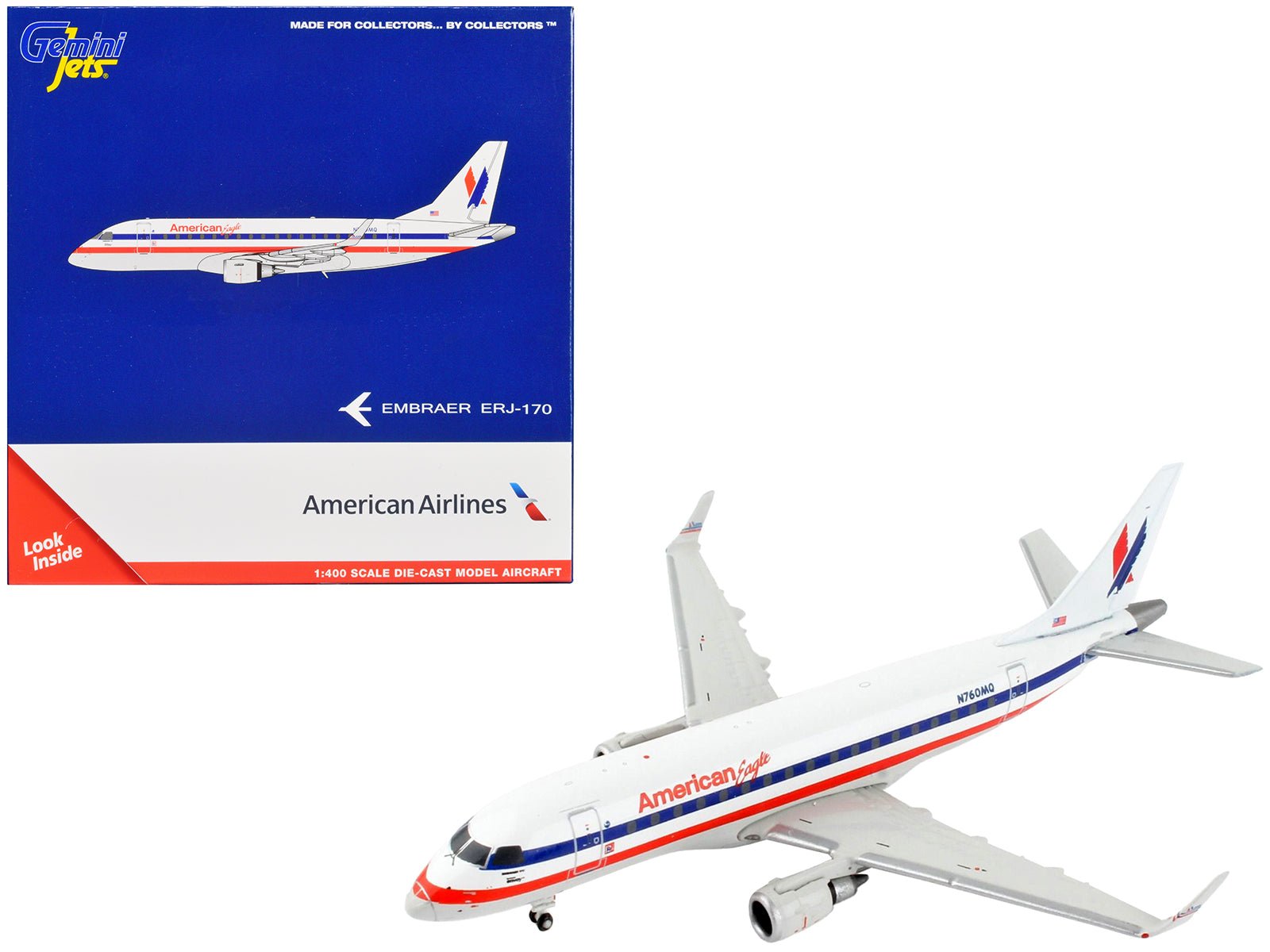 Embraer ERJ - 170 Commercial Aircraft "American Airlines - American Eagle" White with Blue and Red Stripes 1/400 Diecast Model Airplane by GeminiJets free shipping USA - Rapid Vehicles