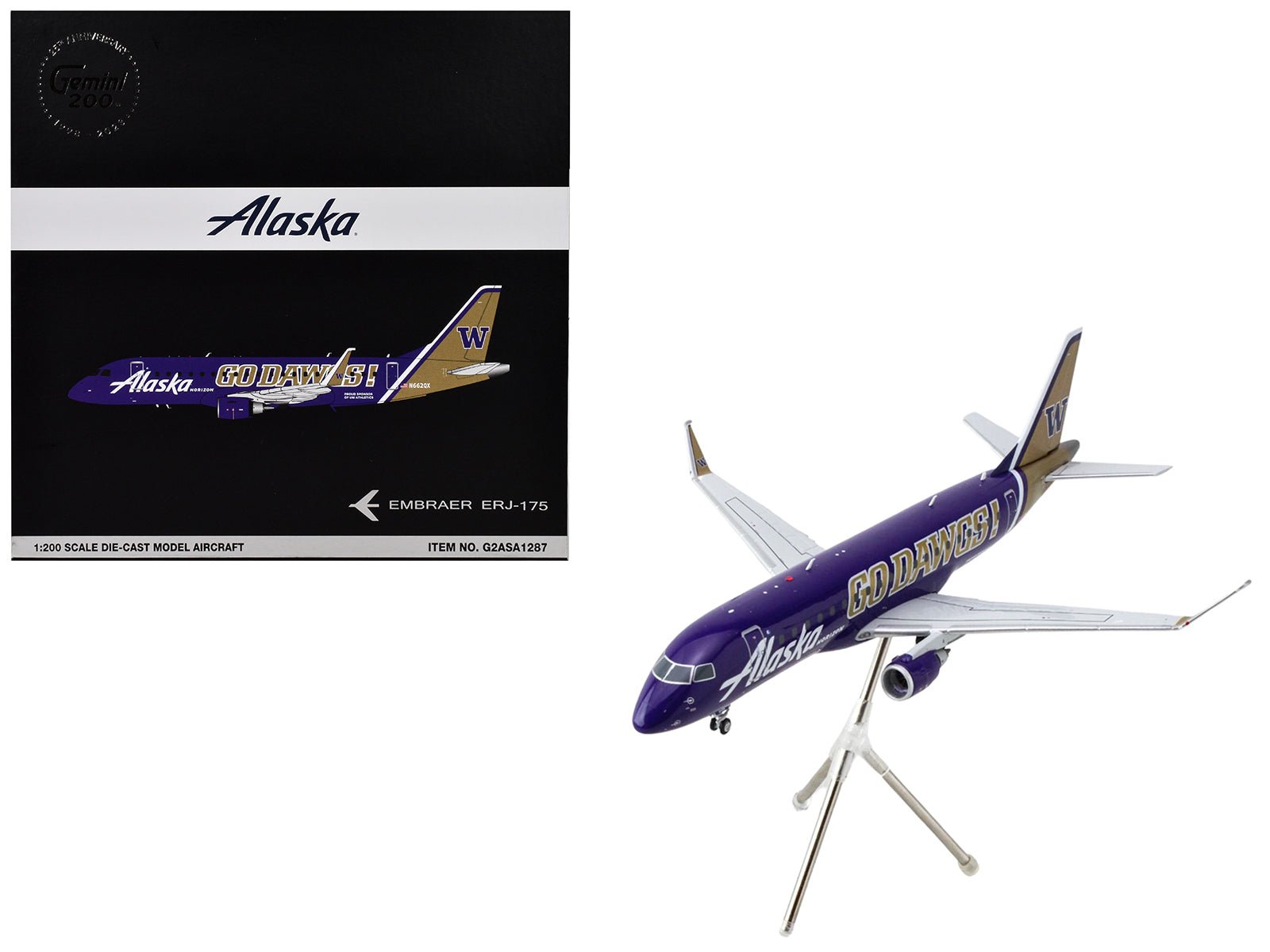 Embraer ERJ - 175 Commercial Aircraft "Alaska Airlines/Horizon - University of Washington Huskies" (N662QX) Purple with Gold Tail "Gemini 200" Series 1/200 Diecast Model Airplane by GeminiJetsG2ASA1287 free shipping USA - Rapid Vehicles