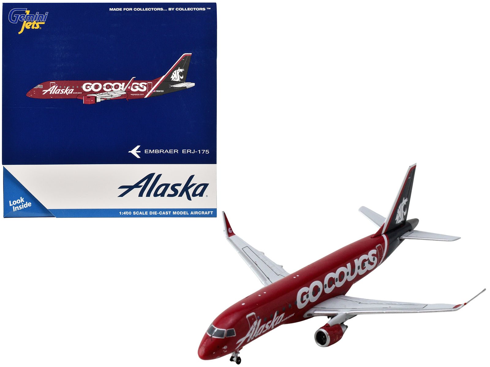 Embraer ERJ - 175 Commercial Aircraft "Alaska Airlines/Horizon - Washington State Cougars" (N661QX) Red with Gray Tail 1/400 Diecast Model Airplane by GeminiJets free shipping USA - Rapid Vehicles