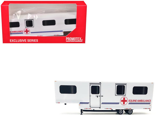 Equine Ambulance Trailer White with Blue Stripes 1/87 (HO) Plastic Model by Promotex free shipping USA - Rapid Vehicles
