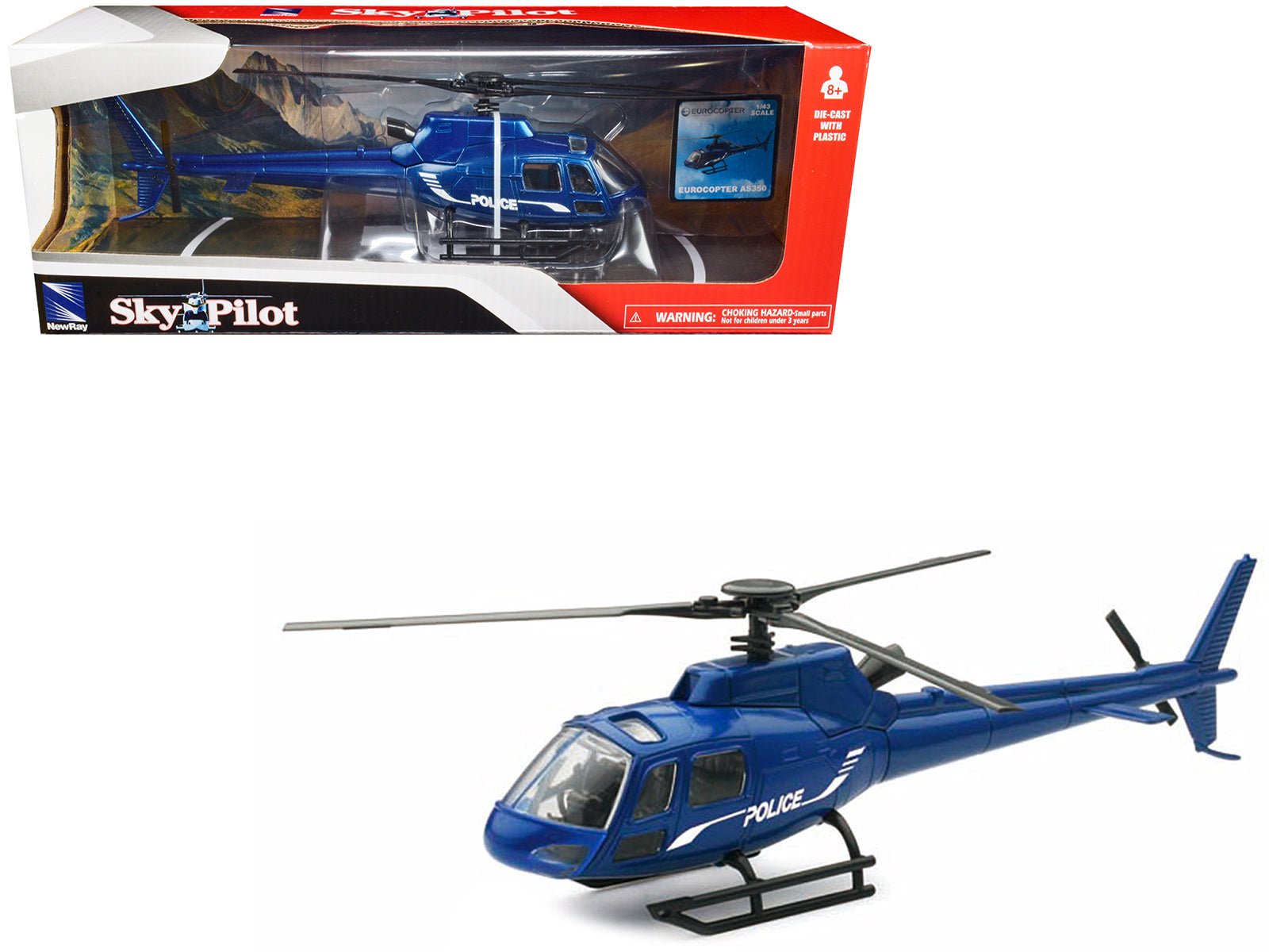 Eurocopter AS350 Helicopter Blue Metallic "Police" "Sky Pilot" Series 1/43 Diecast Model by New Ray free shipping USA - Rapid Vehicles