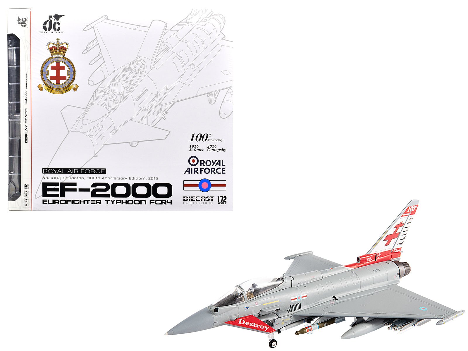 Eurofighter Typhoon FGR4 EF - 2000 Aircraft "No.41(R) Squadron 100th Anniversary" (2016) British Royal Air Force 1/72 Diecast Model by JC Wings free shipping USA - Rapid Vehicles