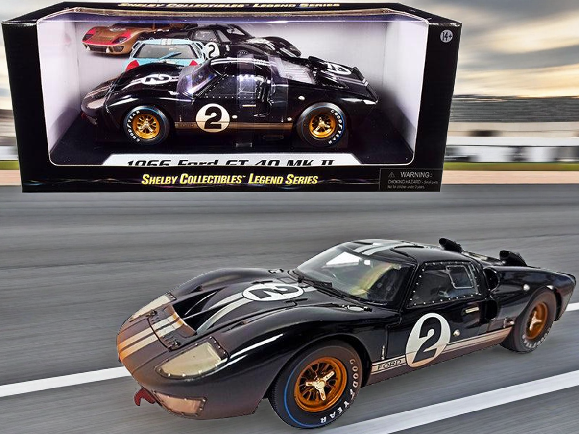 1966 Ford GT-40 MK II #2 Black with Silver Stripes After Race (Dirty Version) 1/18 Diecast Model Car by Shelby Collectibles