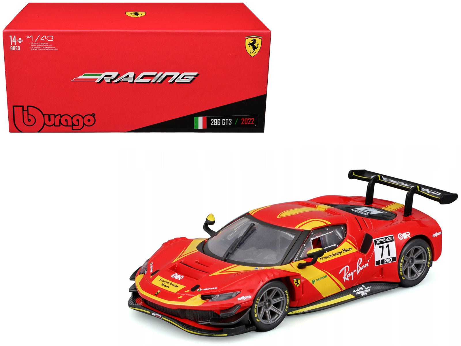 Ferrari 296 GT3 71 Red "Francorchamps Motors" (2022) "Racing" Series with Display Case 1/43 Diecast Model Car by Bburago free shipping USA - Rapid Vehicles