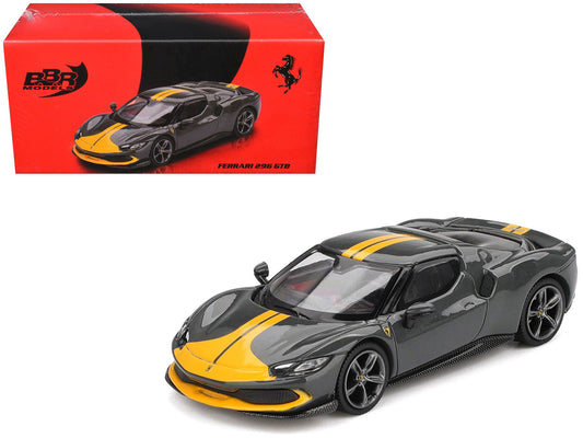 Ferrari 296 GTB Assetto Fiorano Grigio Scuro (Dark Gray) with Yellow Stripes 1/64 Diecast Model Car by BBR free shipping USA - Rapid Vehicles