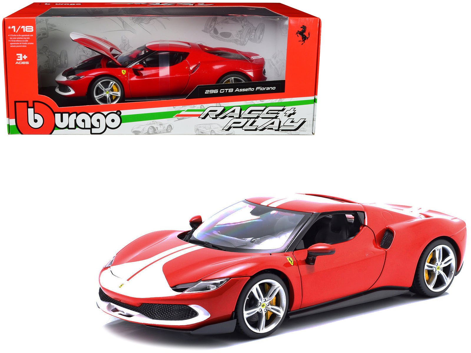 Ferrari 296 GTB Assetto Fiorano Red with White Stripes "Race + Play" Series 1/18 Diecast Model Car by Bburago free shipping USA - Rapid Vehicles