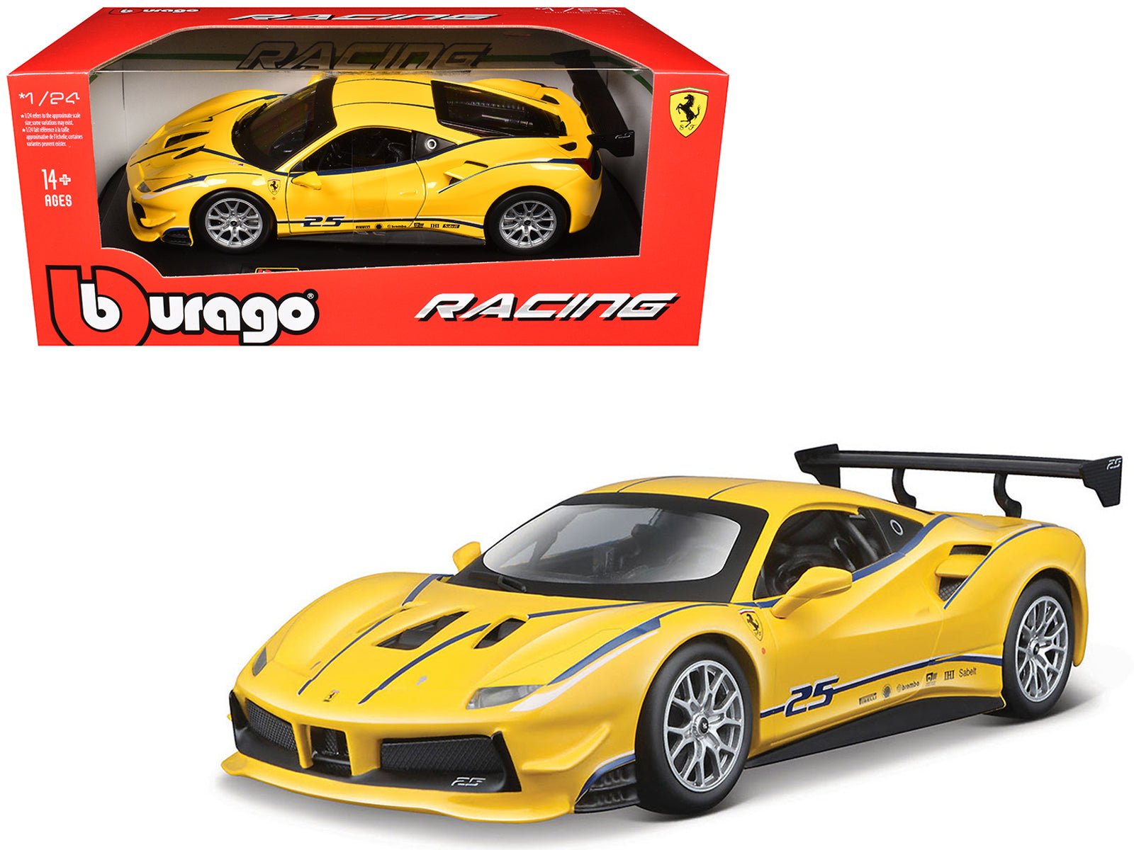 Ferrari 488 Challenge 25 Yellow with Blue Stripes "Ferrari Racing" 1/24 Diecast Model Car by Bburago free shipping USA - Rapid Vehicles