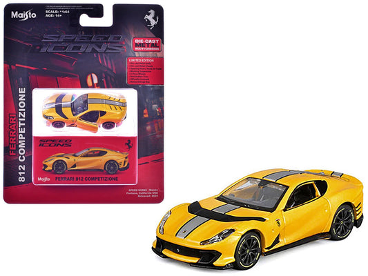 Ferrari 812 Competizione Yellow Metallic with Silver Stripe "Speed Icons" Series 1/64 Diecast Model Car by Maisto free shipping USA - Rapid Vehicles