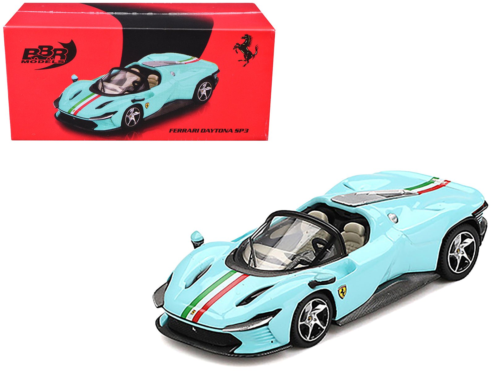 Ferrari Daytona SP3 Light Blue with Italian Flag Stripes 1/64 Diecast Model Car by BBR free shipping USA - Rapid Vehicles