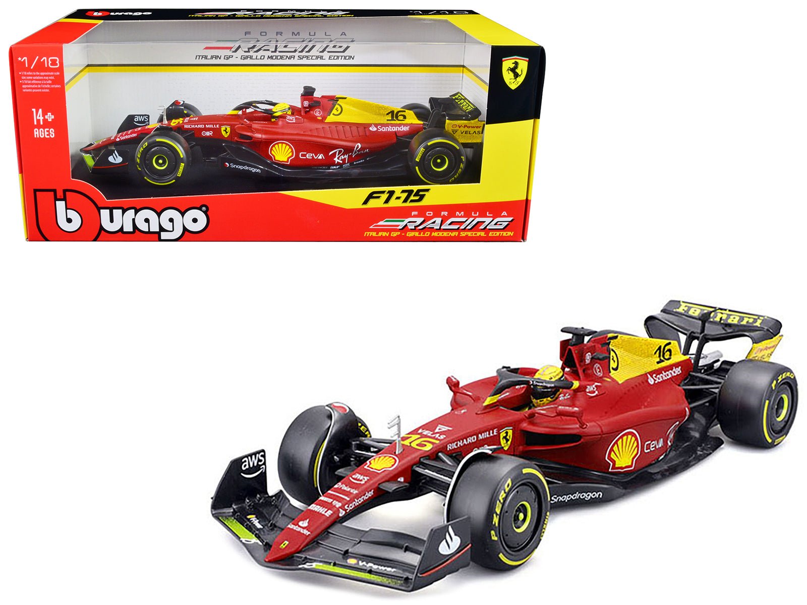 Ferrari F1 - 75 16 Charles Leclerc "Giallo Modena" 2nd Place Formula One F1 Italian GP (2022) "Formula Racing" Series 1/18 Diecast Model Car by Bburago free shipping USA - Rapid Vehicles